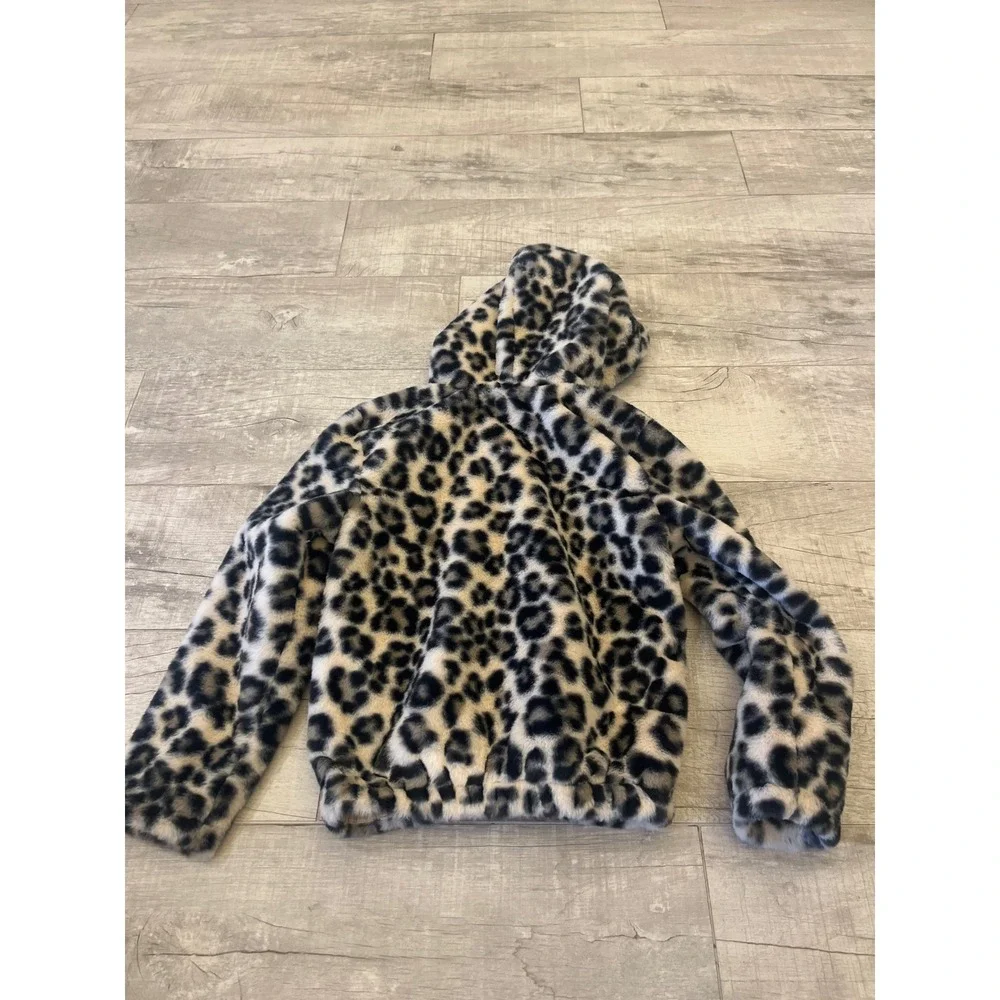 Old Navy Girls Leopard‎ Faux Fur Hooded Jacket Size L 10 12 Winter Warm